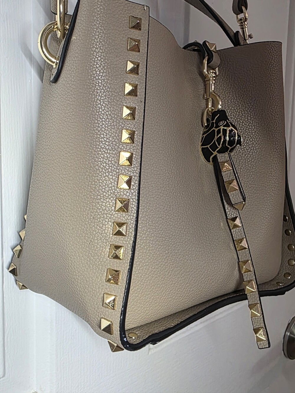 Genuine Cowhide Leather Studded Bucket Bag with Top Handle - Picture 8 of 16